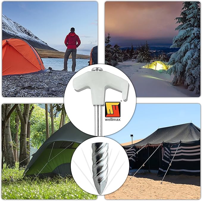 Wellmax 10PC Tent Stakes Heavy Duty with 2 Pack Glow in Dark Polypropylene Rope 3/16" x50ft and 1/4" x50ft