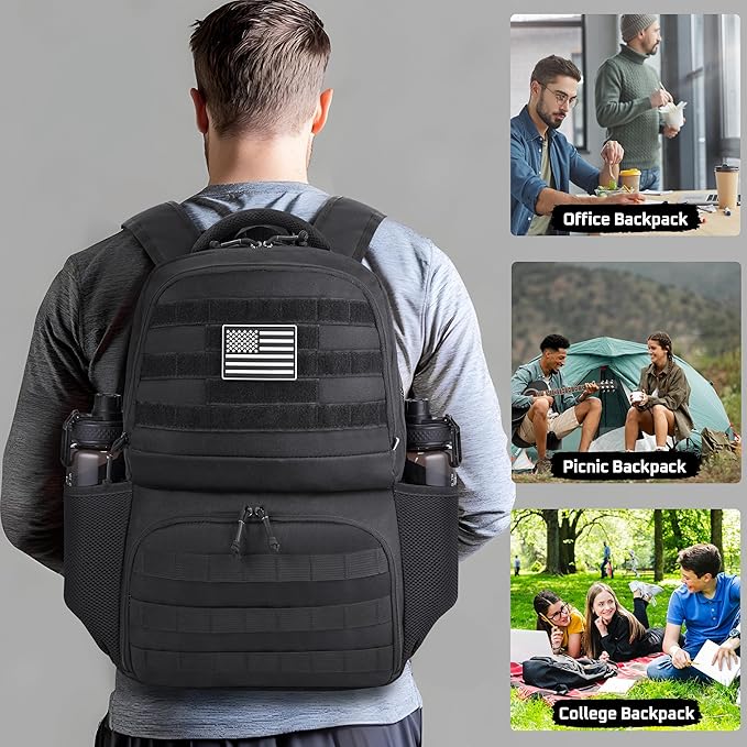 MOZETO Laptop Lunch Backpack for Men, Tactical Inspired Utility Anti-Theft Work Bag with Cooler Compartment Lunchbox (Black, 17 Inch)