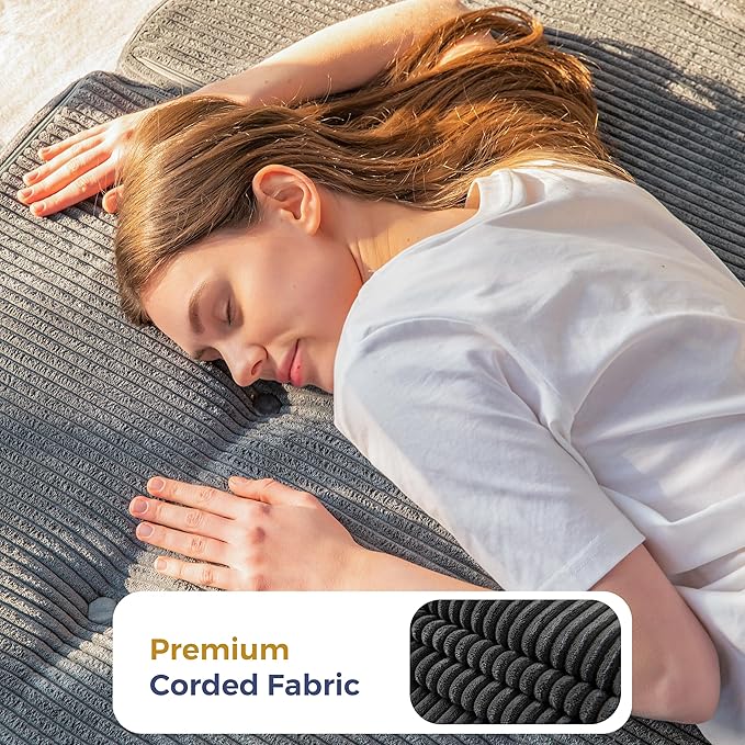 MAXYOYO Folding Mattress, 4 Inch Tufted Foldable Mattress Full Foam Bed, Tri-Fold Floor Couch with Handles Guest Bed Topper Portable Camping Mat with Corded Fabric, Twin Size, Dark Grey