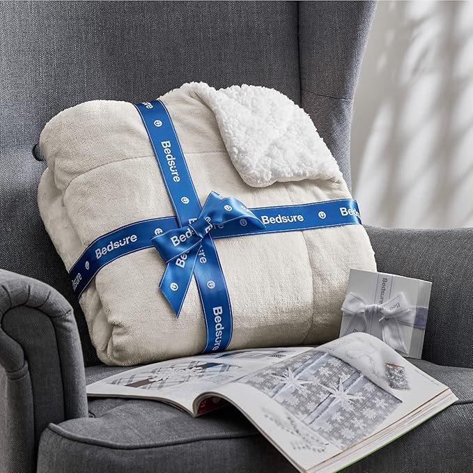 Bedsure GentleSoft Sherpa Fleece Blankets Queen Size for Bed - Thick and Warm, Soft Fuzzy Plush Queen Blanket for Winter, Linen, 90x90 Inches