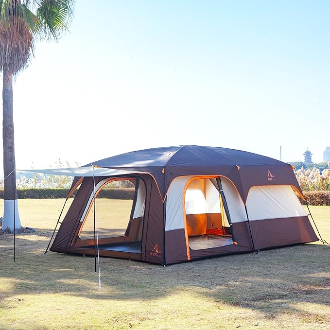 KTT Extra Large Tent 6-10-12-14 Person(Style-B),Family Cabin Tents,2 Rooms,3 Doors and 3 Windows with Mesh,Straight Wall,Waterproof,Double Layer,Big Tent for Outdoor,Picnic,Camping,Family Gathering