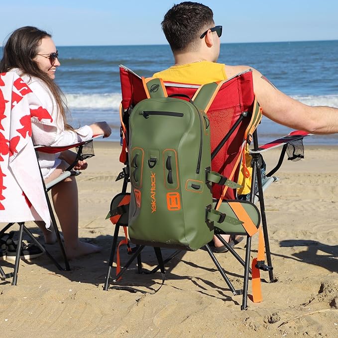 YakAttack 28L DryPak Waterproof Backpack with 2 Attachable Fishing Rod Holders – Green/Orange | Floating Marine Dry Bag Pack with Padded Straps | Lightweight Hiking & Kayaking Gear & Storage Drybag
