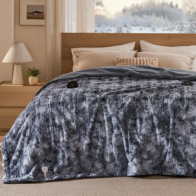 Bedsure Faux Fur Electric Blanket Queen Size, Dual Control Heated Blanket Queen, Fast Heating Blanket with 10 Heating Levels & 10 Time Settings, Cozy Gifts for Women Men (84x90 inches, Grey)