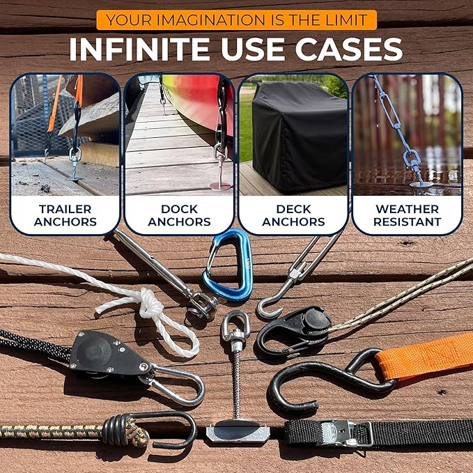 4pcs Trailer, Deck or Dock Anchors for Gap Between Boards - Marine Grade 316 Stainless Steel - 1200LB Break Strength - Reusable Alternative to D-Rings - Easy Tie Down Anchors