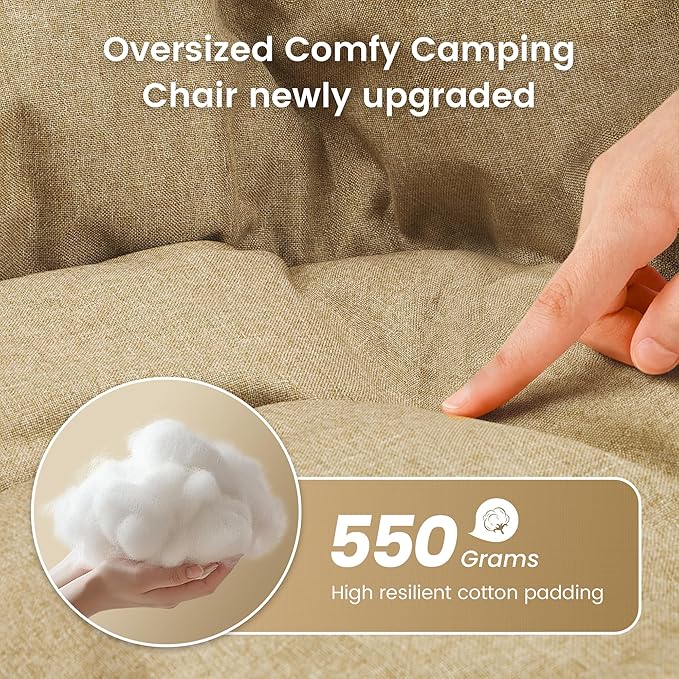 Oversized Padded Comfy Camping Chair for Adults, Portable Padded Lawn Chair, Weight Capacity 450 LBS, Heavy Duty Moon Leisure Folding Chair for Camping, Hiking, Carry Bag, Beige (2 Pack)
