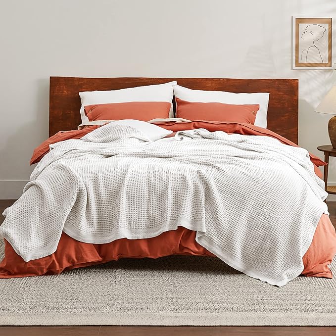 Bedsure Gentlesoft 100% Cotton Blanket King Size for Bed - Breathable and Soft, Waffle Weave Blanket for Summer, Thick Cozy Fall Blankets for Women Gift, White, 104x90 inches