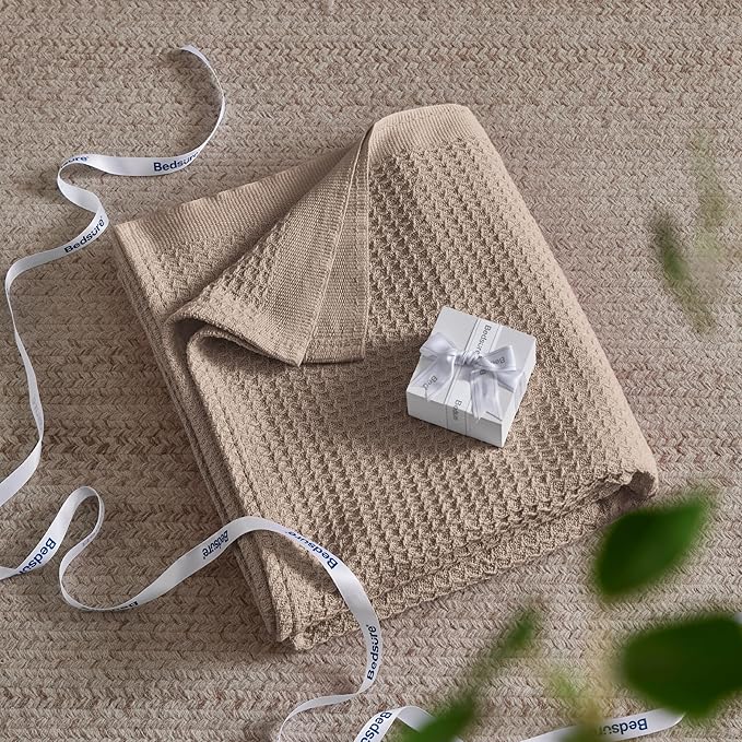 Bedsure Gentlesoft 100% Cotton Blanket Twin XL Size for College Dorm - Breathable and Soft, Waffle Weave Twin Blanket for Summer, Dorm Room Essentials, Taupe, 66x90 inches