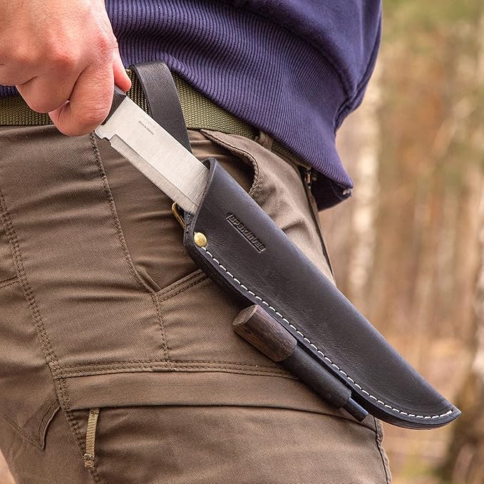 BPSKNIVES Nighthawk Adventurer - Camping Knife - Fixed-Blade Stainless Steel Survival Knife - Black Leather Sheath and Firestarter - Outdoor Full Tang Knives - Bushcraft Knives