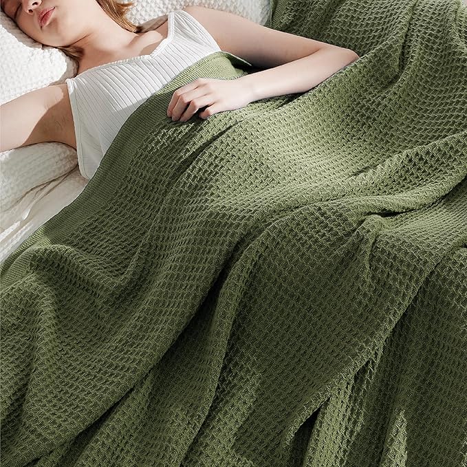 Bedsure Gentlesoft 100% Cotton Blanket King Size for Bed - Breathable and Soft, Waffle Weave Blanket for Summer, Thick Cozy Fall Blankets for Women Gift, Olive Green, 104x90 inches