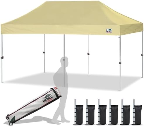 Eurmax USA Standard 10'x20' Patio Pop Up Canopy Tent Commercial Instant Canopies with Heavy Duty Roller Bag,Bonus 6 Sand Weights Bags(Beige)