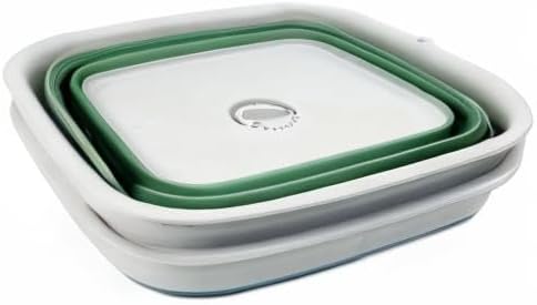 SAMMART 15L (3.9 Gallon) Collapsible Dishpan with Draining Plug-Foldable Washing Basin-Portable Dish Washing Tub - Camping & Space Saving Kitchen Storage Tray (Steel Blue + Dark Sea Green (Set of 2))