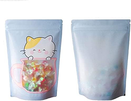 100 Pieces Resealable Cartoon Stand Up Plastic Smell Proof Zip Lock Packaging Bags for Food Storage Package Pouches (Blue Kitten,5.1x7.1 Inch)