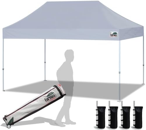 Eurmax USA Standard 10'x15' Patio Pop Up Canopy Tent Commercial Instant Canopies with Heavy Duty Roller Bag,Bonus 4 Sand Weights Bags (Light Grey)