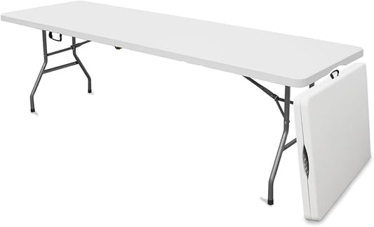AJP Distributors 8 Foot Portable Plastic Folding Table 8FT 96" Half Foldable Heavy Duty Top w/Carry Handle - Indoor Outdoor Backyard Camping Picnic BBQ Party Wedding Dining Office Event Meeting White