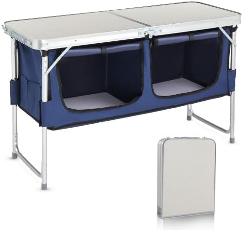 Folding Camping Table with Storage, 3 Height Adjustable, Lightweight, 4 Ft Outdoor Portable Kitchen Aluminum Table for BBQ, Picnic, Hiking, Beach, and Indoor