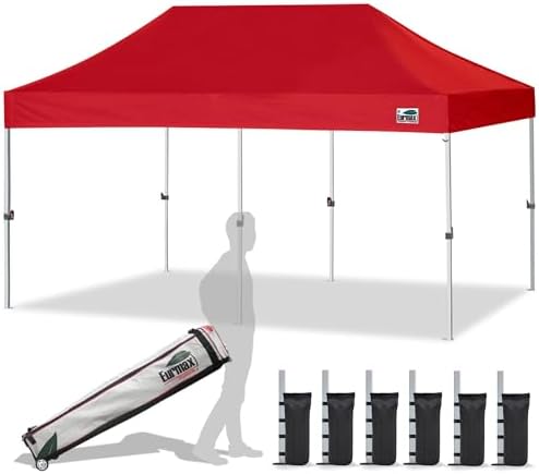 Eurmax USA Standard 10'x20' Patio Pop Up Canopy Tent Commercial Instant Canopies with Heavy Duty Roller Bag,Bonus 6 Sand Weights Bags(Logo Red)