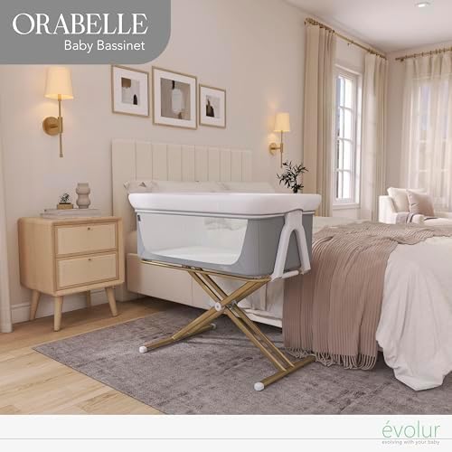 Evolur Orabelle Baby Bassinet & Bedside Sleeper, Breathable Mesh Sides, Plush Mattress Pad with Removable Cover, Tool-Free Assembly, Quick Foldable Steel Frame Compact Design with Travel Bag – Grey