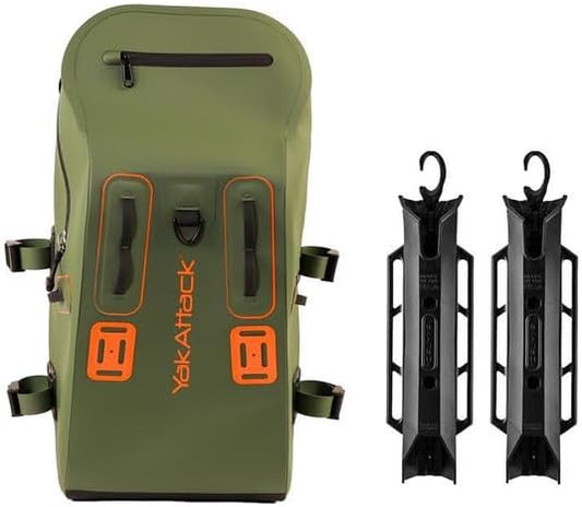 YakAttack 28L DryPak Waterproof Backpack with 2 Attachable Fishing Rod Holders – Green/Orange | Floating Marine Dry Bag Pack with Padded Straps | Lightweight Hiking & Kayaking Gear & Storage Drybag