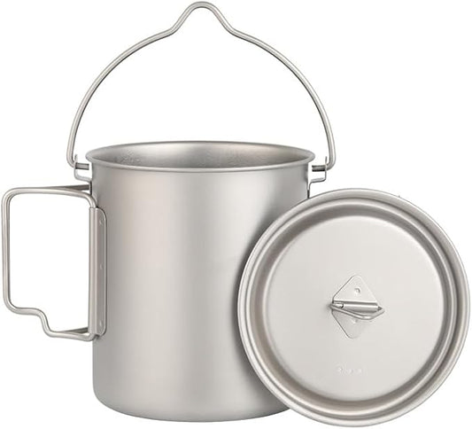 BY-J Titanium Camping Cookware Set – 750mL & 420mL Titanium Pot with Lid and Foldable Handle, Compact Backpacking and Travel Kitchenware for Camping, Hiking and Fishing