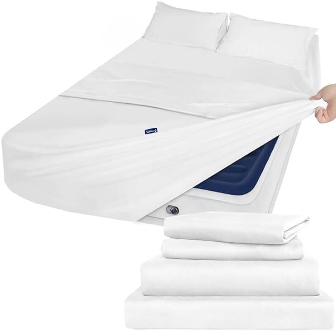 Full Sheet Set Deep Pocket - 4 Piece Extra Soft Full Bed Sheets - Side Storage Pocket Fitted Sheet & Pillowcase & Flat Sheet - Easily Fits 16in to 24in Pillow Top Air Bed Mattress - White