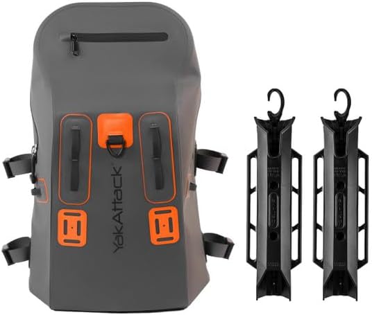 YakAttack 28L DryPak Waterproof Backpack with 2 Attachable Fishing Rod Holders – Grey/Orange | Floating Marine Dry Bag Pack with Padded Straps | Lightweight Hiking & Kayaking Gear & Storage Drybag