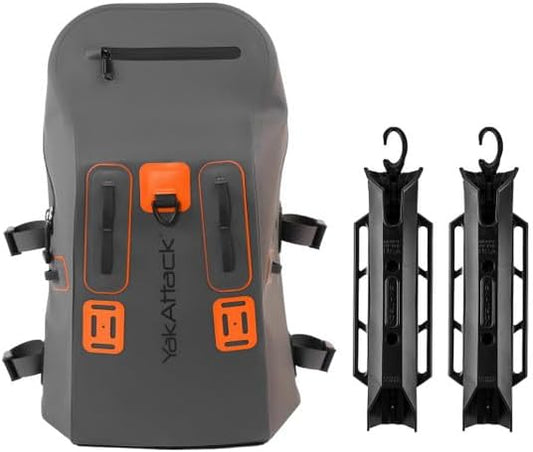 YakAttack 28L DryPak Waterproof Backpack with 2 Attachable Fishing Rod Holders – Grey/Orange | Floating Marine Dry Bag Pack with Padded Straps | Lightweight Hiking & Kayaking Gear & Storage Drybag