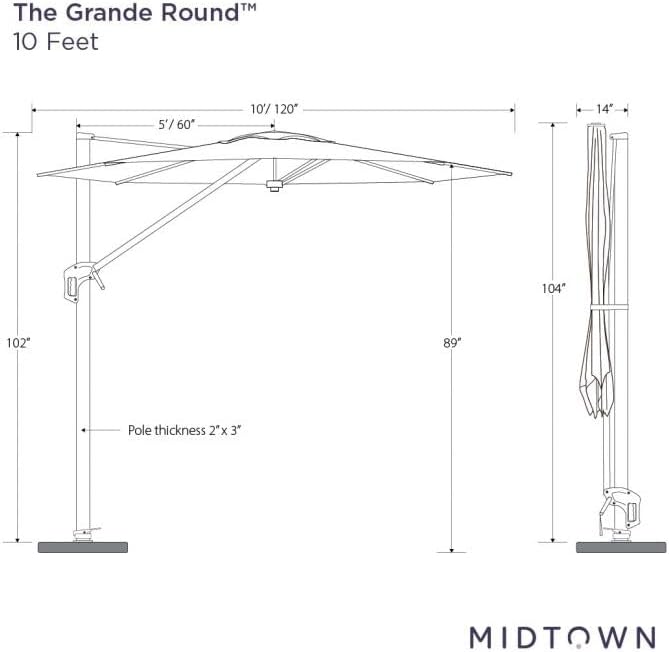 Midtown Umbrellas 10 Ft Outdoor Cantilever Patio Umbrella w/Sunbrella Canvas Glacier Fabric - 360° Rotate Offset Patio Umbrella, Deck Patio Umbrella, Backyard Umbrella & Garden Umbrella - Silver Frame