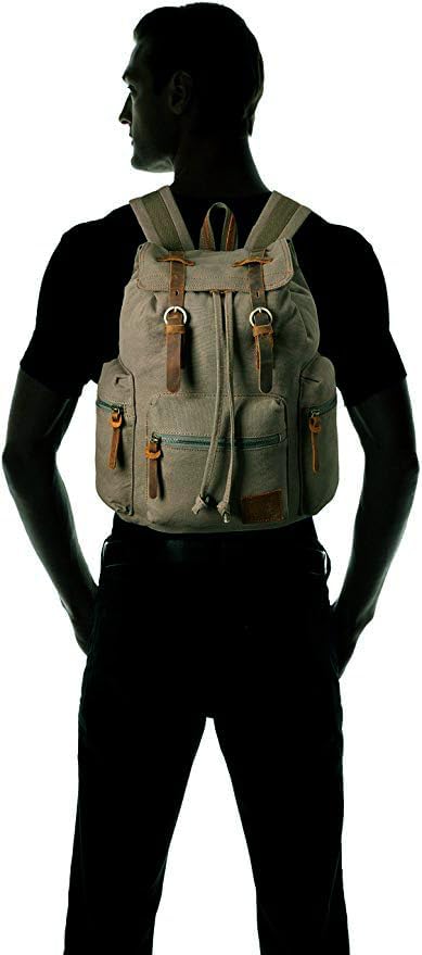 HuaChen Vintage Canvas Travel Backpack with Leather Trim, Laptop Padded Sleeve, Hidden Back Security Pocket, Fits 15-Inch, M32 Army Green Large