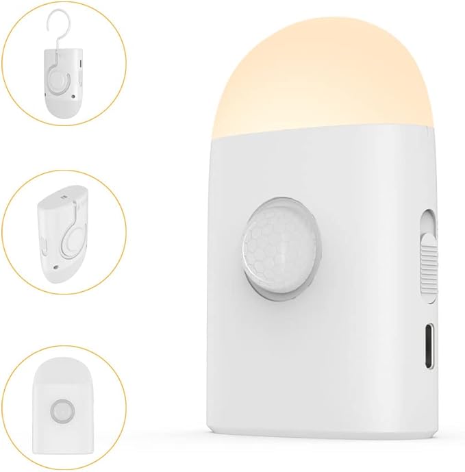 Motion Sensor LED Night Lights Warm White with Adjustable Brightness Rechargeable Battery, with Hook and Stick-On for Cabinet, Wardrobe,Closet,Hallway, Stairs (2 Pack)