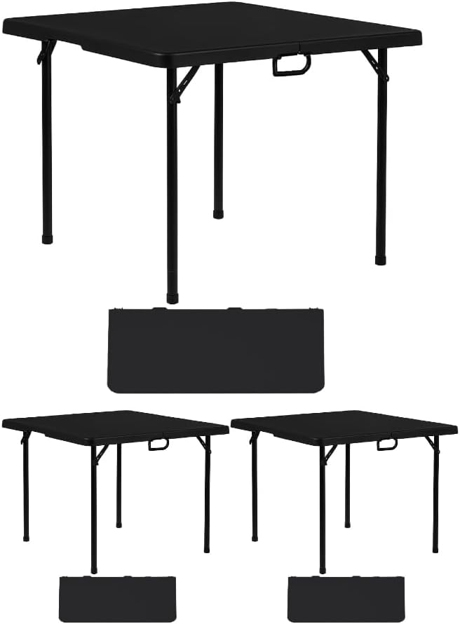 BTEXPERT 34" Bi-Folding Commercial Fold in Half Square Table Heavy Duty Portable Plastic Dining Card Table w Handle for Indoor Outdoor Kitchen Party Wedding Event Black Set of 2