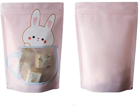 100 Pieces Resealable Cartoon Stand Up Plastic Smell Proof Zip Lock Packaging Bags for Food Storage Package Pouches (Pink Bunny,6.3x9.1 Inch)
