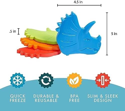 Fit & Fresh Cool Coolers Kids Lunch Box Ice Packs, Slim Ice Packs for Lunch Bags, Lunch Ice Packs Reusable-Multicolored 12 Pack Dino