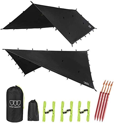 Gold Armour Rainfly Tarp Hammock, Premium 14.7ft/12ft/10ft/8ft Rain Fly Cover, Waterproof Ultralight Camping Shelter Canopy, Survival Equipment Gear Camping Tent Accessories (Black 14.7ft x 12ft)