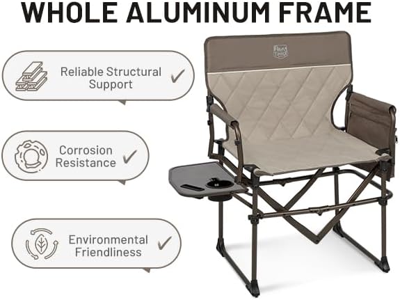 TIMBER RIDGE Aluminum Camping Directors Chair with Side Table Pocket, Portable Folding Chair, Heavy Duty Lawn Chair for Fishing Trip Picnic Concert Outdoor 400lbs, Tan 2 Pack