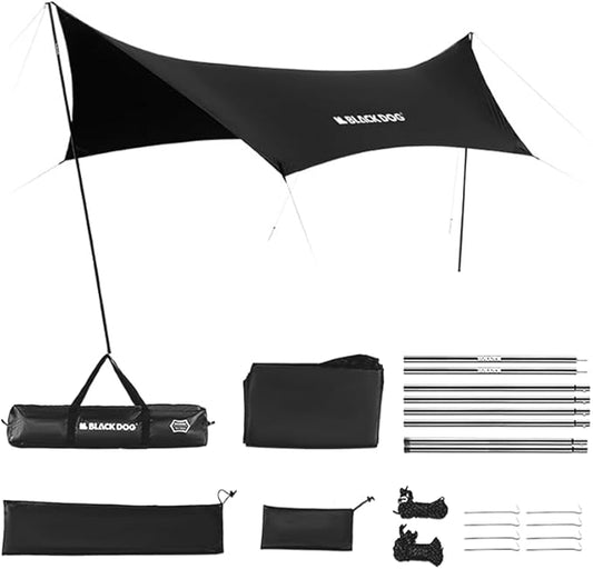 Blackdog Camping Tarp with Poles, 18x9.5 Ft Large Waterproof Camping Tent Canopy, 6-10 Person PU3000mm Shade Awning for Car Camp, Hammock Rain Fly, Outdoor, Picnic Backpacking
