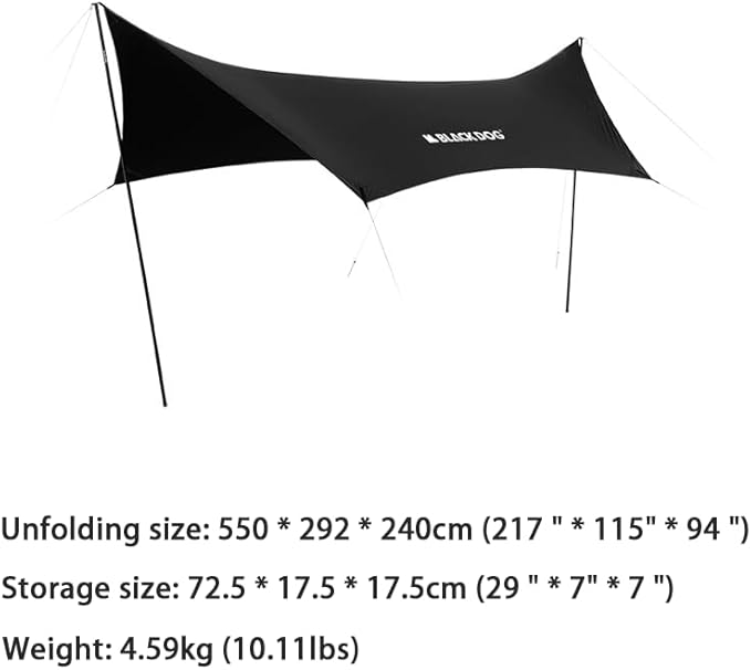 Blackdog Camping Tarp with Poles, 18x9.5 Ft Large Waterproof Camping Tent Canopy, 6-10 Person PU3000mm Shade Awning for Car Camp, Hammock Rain Fly, Outdoor, Picnic Backpacking