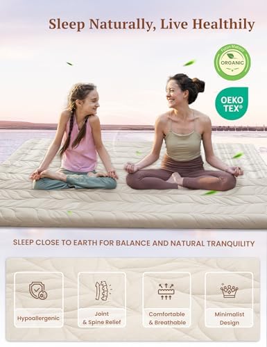 ZonLi Japanese Floor Mattress Futon Mattress Queen Size, Thicken Roll Up Tatami Mat 100% Cotton Washable Cover, Portable & Foldable Floor Bed Mattress for Sleeping, Dormitory, Adult Kids, Khaki