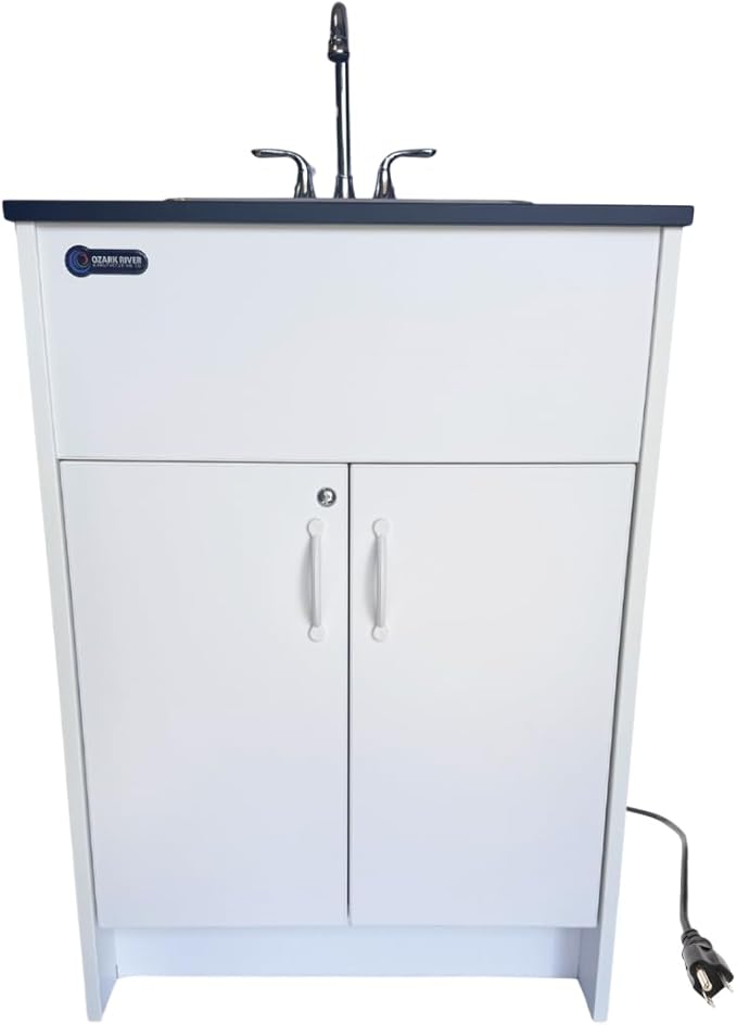 Ozark River Portable Sinks Essential Series, Black Laminate Countertop-White Cabinet-Stainless Basin, Mobile Hot Water Hand Washing with Water Tanks,110v Portable Handwashing Sink