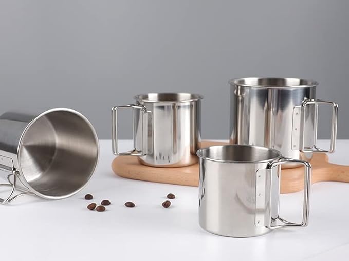 Folding Stainless Steel Camping Coffee Mug - 4 Piece Set Cups for Survival Gear