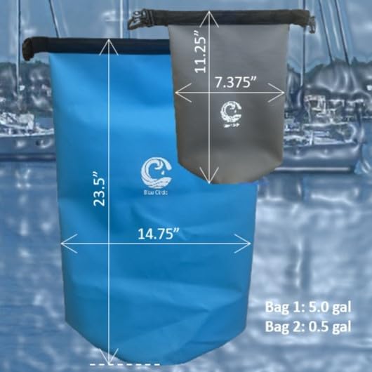 Waterproof dry bag combo for outdoor and waterspors, with large 5.0 Gal (assorted colors) and 0.5 Gal (grey) bags | Ideal for kayaking, boating, hiking, the beach and other outdoor sports (Blue)