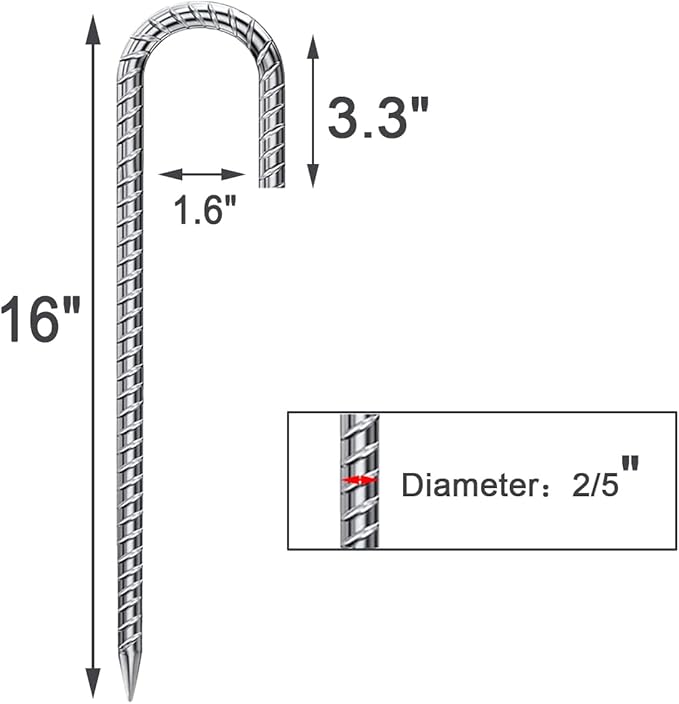 Rebar Stakes 16 Inch 17 Pack Tent Spikes Heavy Duty Metal J Hook, Fence Stakes for Trampoline, Fence, Camping Tent (17, J-16 x2/5")