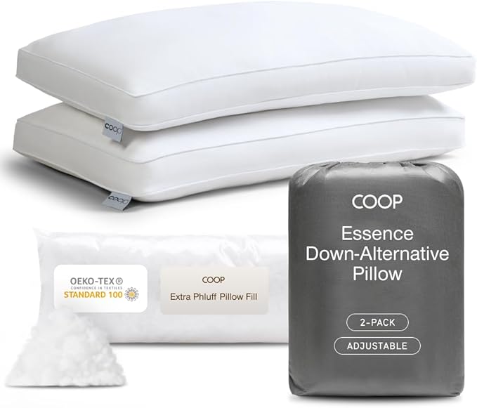 Coop Home Goods Essence Down Alternative Pillow Set of 2, Queen Size, Best Pillows for Sleeping, Adjustable Alternative to Down Pillows, Luxury Hotel Pillow for Back, Stomach or Side Sleepers