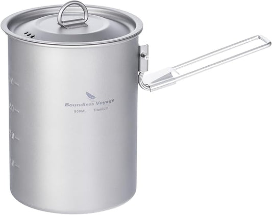 iBasingo 900ml Titanium Camping Cup with Lid Lightweight Portable Camping Pot for Backpacking Hiking Travel Cookware with Stainless Steel Foldable Handle, Ideal for Coffee, Soup, Cooking Ti2040C