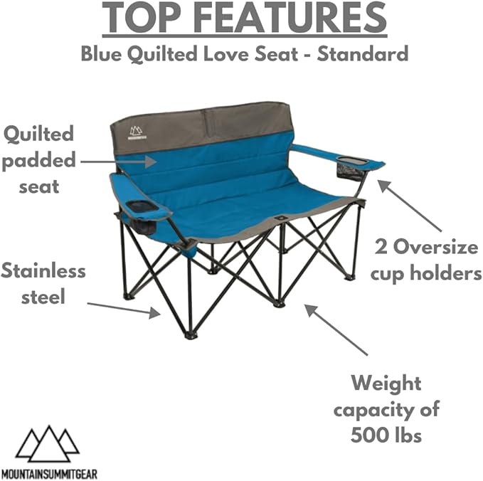 MOUNTAIN SUMMIT GEAR Quilted Standard Loveseat Camping Chair for 2 with Padded Seat and Back for Camping/Hiking/Backpacking Made by Caddis Sports (Standard Loveseat (Blue))