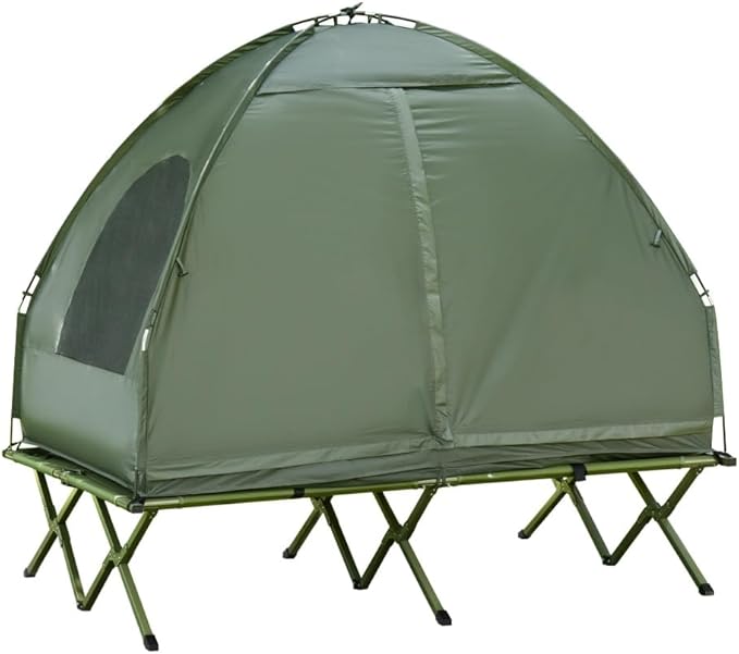 2 Person Foldable Camping Cot with Tent, Bedspread and Thick Air Mattress, 4-in-1 Elevated Camping Bed Tent for Outdoor Hiking, Picnic, Travel