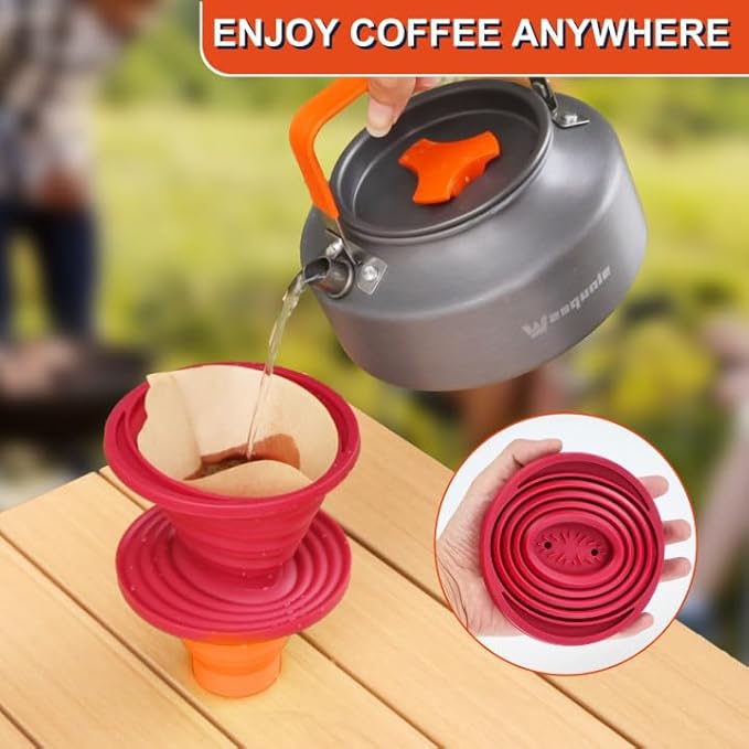 Camping Cooking Cookware Mess Kit - Non-Stick Lightweight Pot Pan Kettle Set with Collapsible Pour Over Coffee Dripper, Outdoor Kitchen Cook Essentials Gear for Camping Hiking Picnic