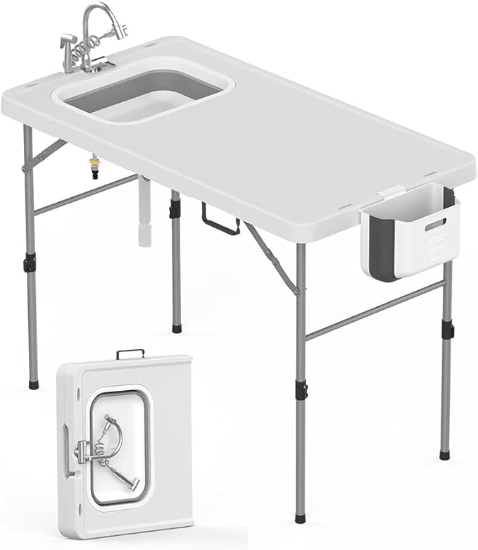PeakPursuit Fold in Half Folding Fish Cleaning Table with Foldable Sink, Protable Camping Sink Table with Drainage Hose, Fish Fillet Cutting Desk for Outdoor Picnic Patio Backyard BBQ