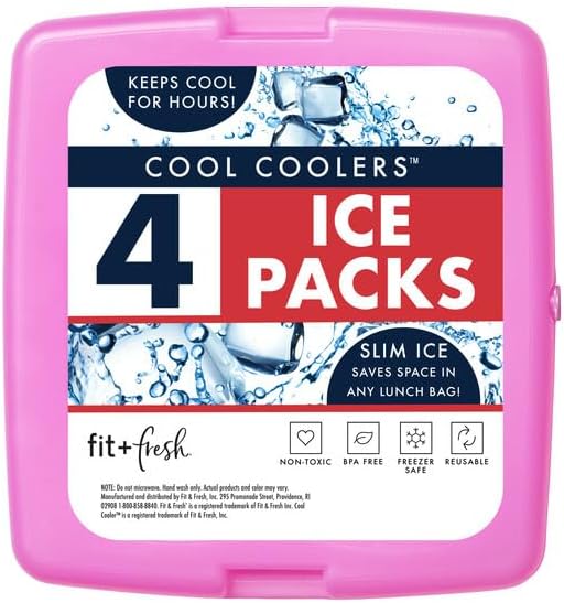 Cool Coolers by Fit + Fresh, Reusable & Long-Lasting Slim Ice Packs, Cold Packs for Lunch Boxes, Ice Packs for Lunch Bags, Purple 8 Pack