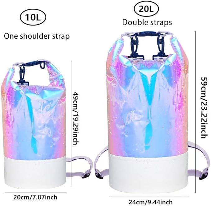 10L PVC Holographic Waterproof Dry Bag, Double Shoulder Strap Beach Swimming Backpack, Crossbody Waterproof Bucket Bag for Kayaking, Boating, and Outdoor Sports (10L)