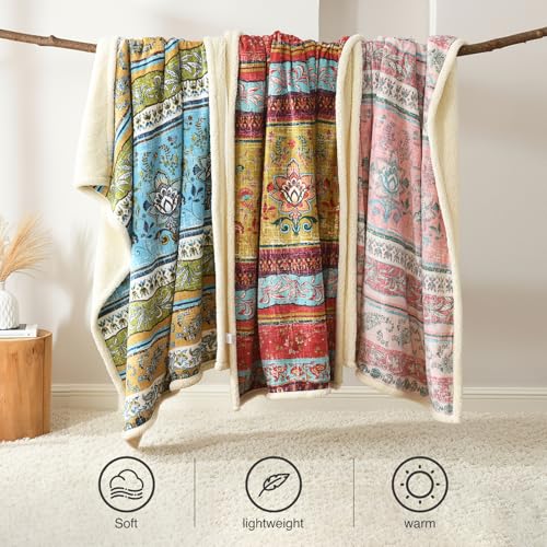 Boho Chic Sherpa Fleece Throw Blanket with Ultra-Soft Cozy Lining,Bohemian Patterned Throws for Sofa,Couch,Bed - color: Boho-pastel Pink, size: 60" x 80"